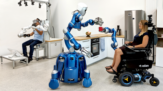 Although robots cannot replace human caregivers, they can provide support so that caregivers have more time to provide the personal, human touch. The German Aerospace Center (Deutsches Zentrum für Luft- und Raumfahrt; DLR) is testing various robotic care assistants in a series of projects. 
One of the DLR projects is EDAN which participated in the CYBATHLON Challenges in March 2023 in the Assistance Robot Race. EDAN is a wheelchair with a lightweight robotic arm and hand. It is moved with a joystick or via muscle signals measured directly on the surface of the person's skin. EDAN can also be moved by relatives via smartphones or tablets and remote control from a care control centre is possible.
We eagerly look forward to your EDAN team's participation in the CYBATHLON 2024 in October.