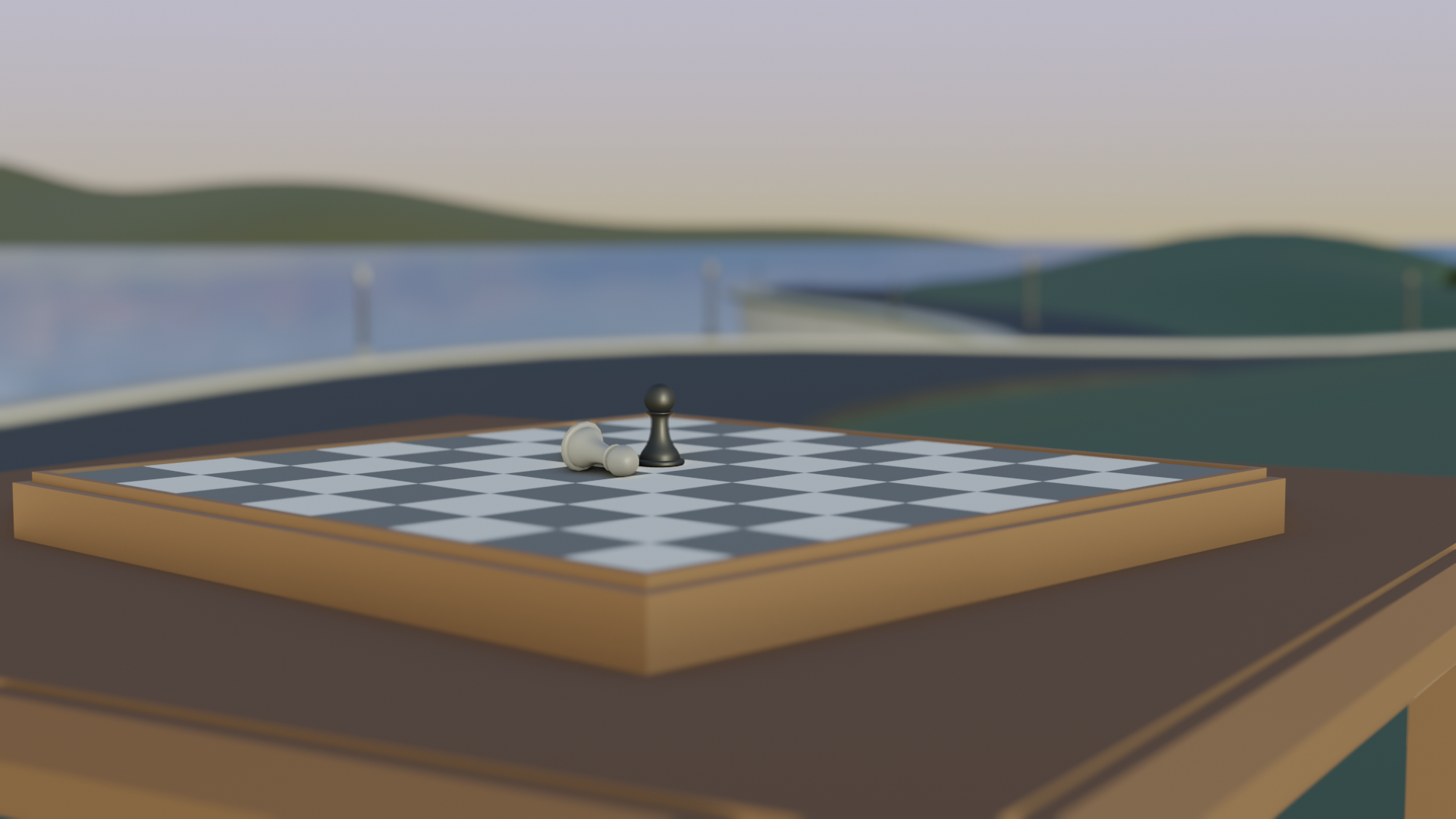 A low poly scene of a chessboard overlooking a bay. Shallow depth of field leaves a nearby path and distant mountains out of focus. A pair of pawns occupy the chessboard, with the white one fallen over