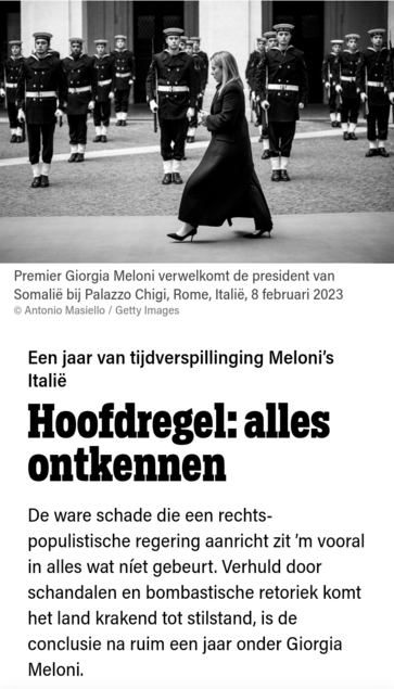 Kop van artikel in De Groene Amsterdammer, 10 Januari 2024. Laat ceremony zien met premier Giorgia Meloni. Zij verwelkomt de president van Somalië bij Palazzo Chigi, Rome, Italië, 8 februari 2023 ©Antonio Masiello / Getty Images.