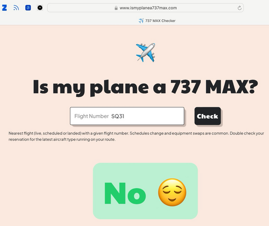 Is my plane a 737 MAX? The website checks, as suggested, if your airplane is a Boing 737 Max. 