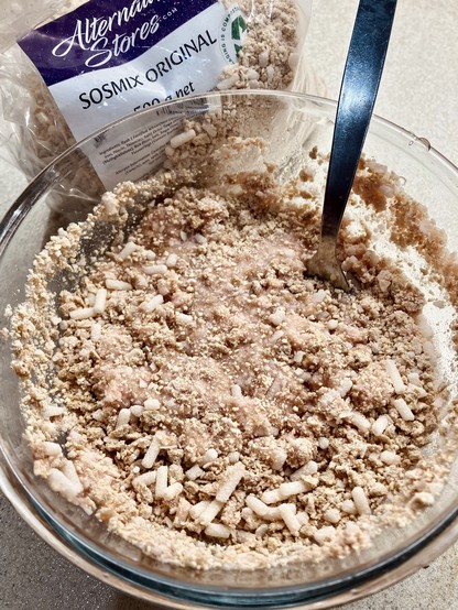 A bowl of Sosmix powder mix - a very old school vegetarian product - partially integrated with water