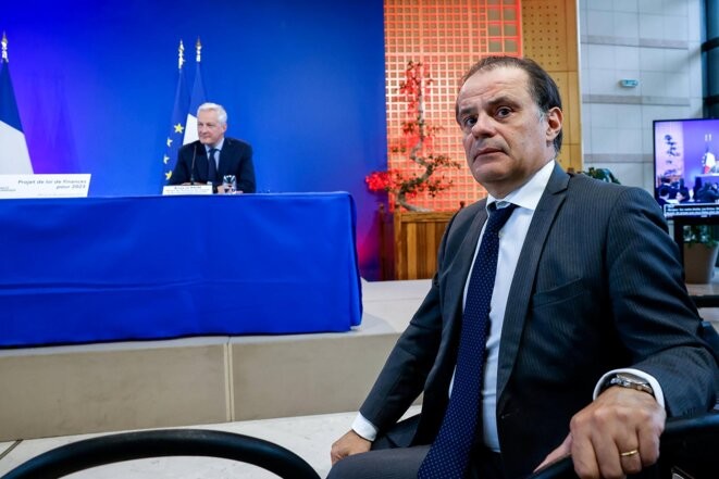 Emmanuel Moulin alors directeur du Trésor pendant une conférence de presse de Bruno Le Maire et de Gabriel Attal pour présenter le projet de loi de finances à Paris, le 26 septembre 2022. © Photo Romuald Meigneux / Sipa