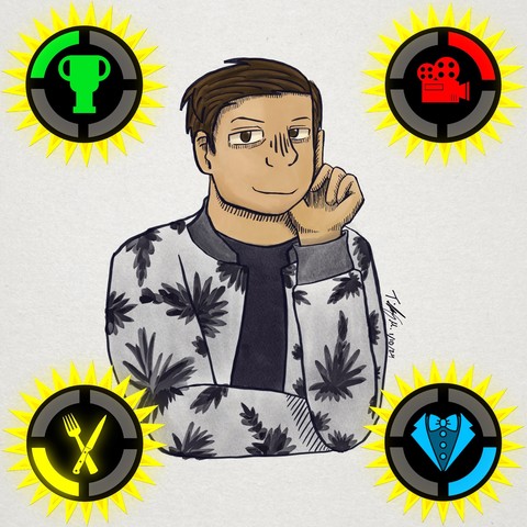 Stylized drawing of MatPat of Game Theory posing in his iconic pose, while dressed as he was in the goodbye video. All four logos of each channel is in each corner.
