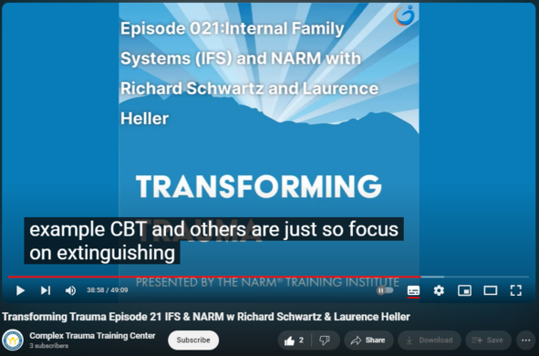 Transforming Trauma Episode 21 IFS & NARM w Richard Schwartz & Laurence Heller
https://www.youtube.com/watch?v=yRTHacVAwdk
One interesting area they discuss is about parts work. While IFS is a parts-based model, focused on the three main parts of exiles, managers and firefighters, NARM uses a more general perspective referring to the two different aspects of self, child consciousness and embodied adult consciousness. As Dr. Heller says, “we disconnect certain important elements of who we are from our consciousness. And generally then later those foreclosed aspects of ourselves return in the form of various kinds of symptoms…which are artifacts of the child consciousness. [NARM] teaches people how to support the development of the embodied adult consciousness.”  Speaking to the 3 main parts in IFS, Dr. Schwartz talks about the firefighters and managers, two forms of protection which protect against old wounding (the exiles). “Firefighters are trying to fight the exiles’ pain and they do it in contrast to the managers…They take you out of control. They are very impulsive and they don’t care about the collateral damage that you do to your body or your relationships. They just know they’ve got to get you out somehow. So most symptom patterns in the DSM [Diagnostic and Statistical Manual of Mental Disorders], I could give you this alternative explanation for, in terms of which protectors are clustered.”