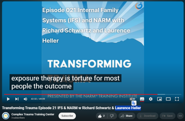 Transforming Trauma Episode 21 IFS & NARM w Richard Schwartz & Laurence Heller
https://www.youtube.com/watch?v=yRTHacVAwdk
One interesting area they discuss is about parts work. While IFS is a parts-based model, focused on the three main parts of exiles, managers and firefighters, NARM uses a more general perspective referring to the two different aspects of self, child consciousness and embodied adult consciousness. As Dr. Heller says, “we disconnect certain important elements of who we are from our consciousness. And generally then later those foreclosed aspects of ourselves return in the form of various kinds of symptoms…which are artifacts of the child consciousness. [NARM] teaches people how to support the development of the embodied adult consciousness.”  Speaking to the 3 main parts in IFS, Dr. Schwartz talks about the firefighters and managers, two forms of protection which protect against old wounding (the exiles). “Firefighters are trying to fight the exiles’ pain and they do it in contrast to the managers…They take you out of control. They are very impulsive and they don’t care about the collateral damage that you do to your body or your relationships. They just know they’ve got to get you out somehow. So most symptom patterns in the DSM [Diagnostic and Statistical Manual of Mental Disorders], I could give you this alternative explanation for, in terms of which protectors are clustered.”