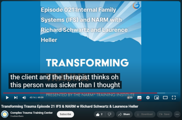Transforming Trauma Episode 21 IFS & NARM w Richard Schwartz & Laurence Heller
https://www.youtube.com/watch?v=yRTHacVAwdk
One interesting area they discuss is about parts work. While IFS is a parts-based model, focused on the three main parts of exiles, managers and firefighters, NARM uses a more general perspective referring to the two different aspects of self, child consciousness and embodied adult consciousness. As Dr. Heller says, “we disconnect certain important elements of who we are from our consciousness. And generally then later those foreclosed aspects of ourselves return in the form of various kinds of symptoms…which are artifacts of the child consciousness. [NARM] teaches people how to support the development of the embodied adult consciousness.”  Speaking to the 3 main parts in IFS, Dr. Schwartz talks about the firefighters and managers, two forms of protection which protect against old wounding (the exiles). “Firefighters are trying to fight the exiles’ pain and they do it in contrast to the managers…They take you out of control. They are very impulsive and they don’t care about the collateral damage that you do to your body or your relationships. They just know they’ve got to get you out somehow. So most symptom patterns in the DSM [Diagnostic and Statistical Manual of Mental Disorders], I could give you this alternative explanation for, in terms of which protectors are clustered.”