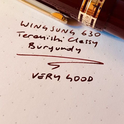 Handwriting saying "WingSung 630 Teranishi Classy Burgundy... VERY GOOD"