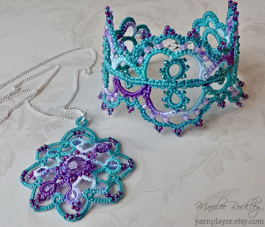 Handmade tatted lace pendant and lace bracelet in shaded purple and teal colors.