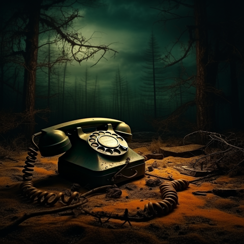 a green old fashioned rotary phone sits on the eerie forest floor