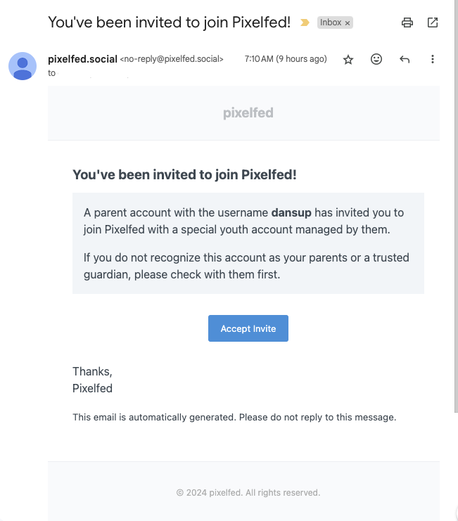 Pixelfed Parental Controls email invite