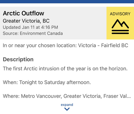Screengrab of a weather alert reading: “The first Arctic intrusion of the year is on the horizon”