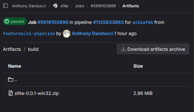 A screenshot of the sf4e project dashboard on GitLab. The artifacts from a CI job are displayed. The file `sf4e-0.0.1-win32.zip` is prominently visible.