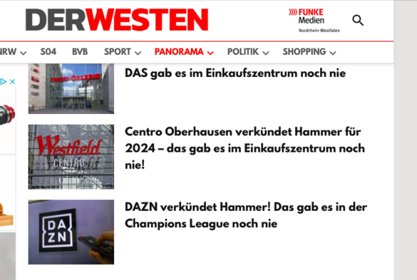 Überschriften aus dem "Der Westen"-Angebot der Funke Mediengruppe. Drei unterschiedliche Themen, alle folgen dem gleichen Clickbait-Muster "XY verkündet Hammer! Das gab es dort noch nie!" 