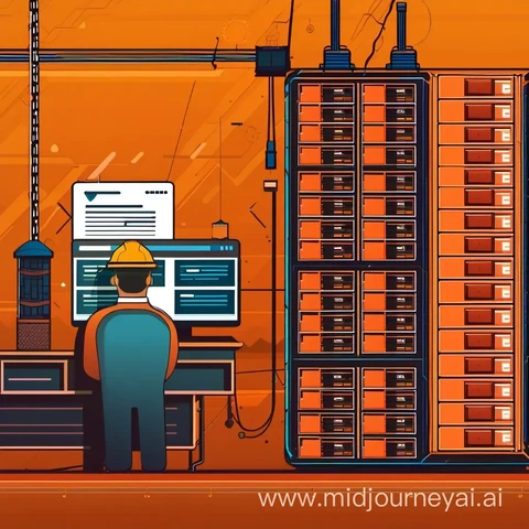 A REST API server written with the rust programming language. Featuring a server processing many requests at once. An engineer stands at a terminal reading the documentation for the server's endpoints.