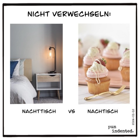 Überschrift: Nicht verwechseln. Ein Bild eines Schlafzimmers. Daneben ein Bild mehrerer Cremetörtchen. Bildunterschrift : Nachttisch versus Nachtisch.