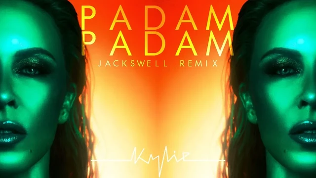 Green images of Kylie Minogue on left and right. Orange to yellow gradient from top to bottom.
Text on top:
Padam Padam 
Jackswell Remix
White text below: Kylie 