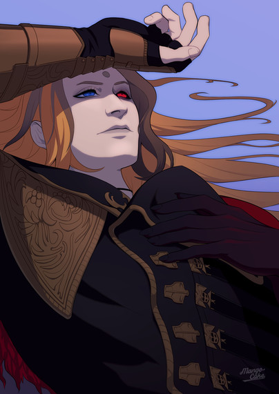 Zenos from FFXIV in his Endwalker outfit lying on the ground and looking up