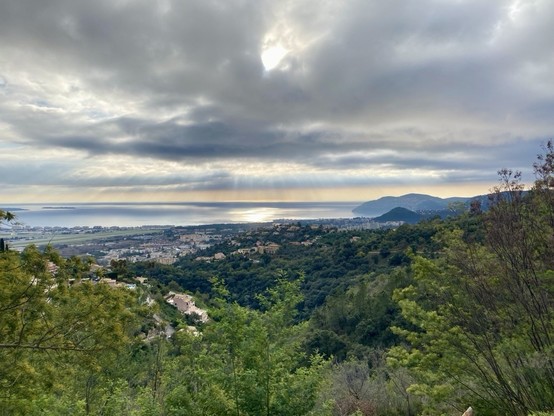 Overlooking a coastal cityscape and sea from a hillside with trees, under a cloudy sky with sunbeams shining through.