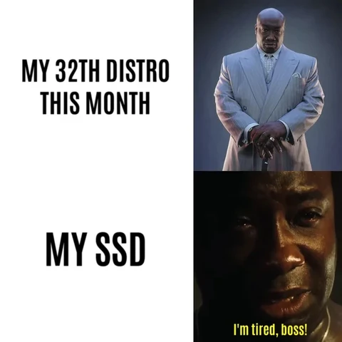 
This is a "I'm tired boss" meme about trying out multiple Linux distros. In the first panel, Michael Clarke Duncan is seen trying out the 32nd distro, and in the second panel, the SSD says "I'm tired, boss."