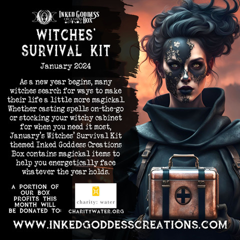 A graphic about the exclusive January 2024 "Witches' Survival Kit" Inked Goddess Creations Box.