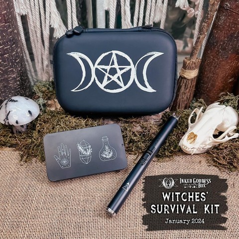 A photo of items in the exclusive January 2024 "Witches' Survival Kit" Inked Goddess Creations Box.