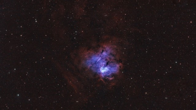 Fossil Footprint nebula (NGC 1491, SH2-206):
Background is black with stars spread throughout. There is also some very faint red nebulosity spread throughout.

At center of image is an area of red nebulosity surrounding some blue nebulosity. There are undulations of darker and lighter areas including some small dark patches and lanes. However I cannot discern an overall shape that would indicate a fossil footprint?!
