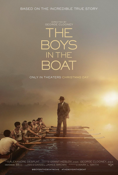 Film poster for the movie The Boys In The Boat, featuring an ensemble cast including Joel Edgerton, Callum Turner, and Jack Mulhern.