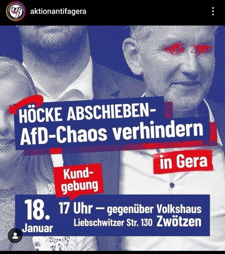 HÖCKE ABSCHIEBEN- AfD-Chaos verhindern 

18.01. 17 Uhr — gegenüber Volkshaus Liebschwitzer Str. 130 Zwötzen