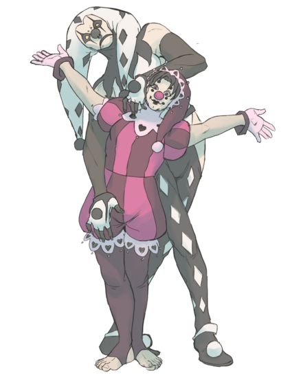 Two women in full clown costumes. One is shorter and beaming, friendly, despite her darker colors. The other is incredibly tall by comparison and is sporting a creepy clown look with stark black and white motif.