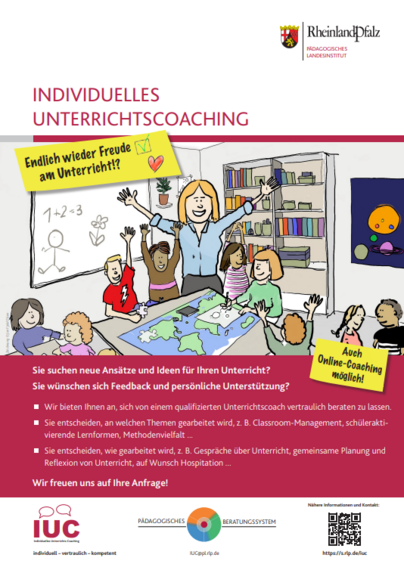Plakat mit PL-Logo und Details zum individuellen Unterrichtscoaching, Illustration fröhliche Schulklasse, Schlagworte wie Freude am Unterricht und auch Online möglich