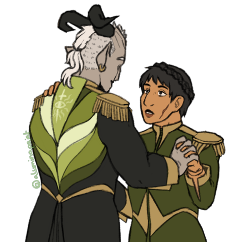 digital artwork of a Qunari inquisitor, their back turned to the viewer, as they dance with Cassandra from Dragon Age Inquisition. Both are wearing formal attire, Cassandra in green with gold details and golden military shoulder pieces, the Inquisitor wears black with green and also golden details and shoulder pieces. 