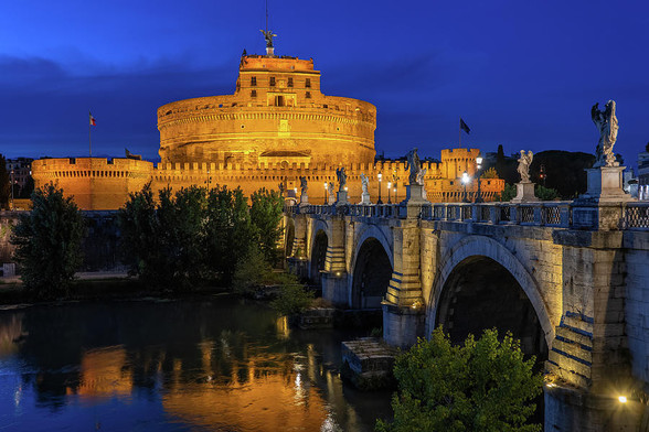 City of Rome by night in Italy, Castle of the Holy Angel (Castel Sant Angelo), Mausoleum of Hadrian and St Angelo Bridge on Tiber River.