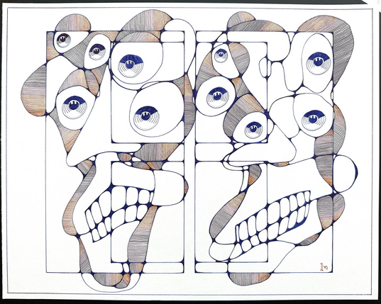 Neurographic portrait of siblings with too many eyes. 