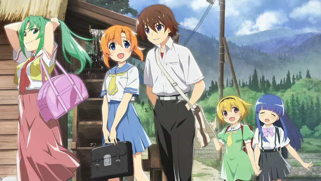 Screenshot from When They Cry: Higurashi, that depicts the main cast walking casually through the village.