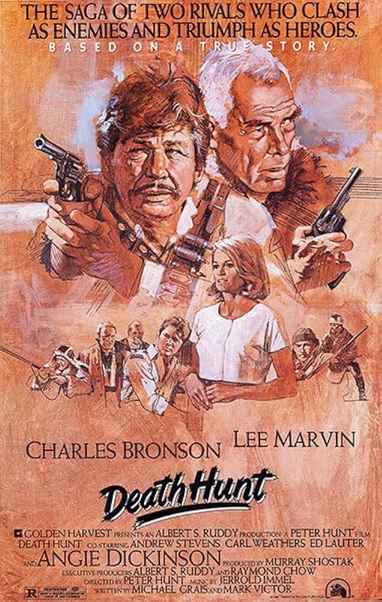 Four posters for the 1981 American-Hong Kong action western “Death Hunt” from The USA, Denmark, France and Germany. 
