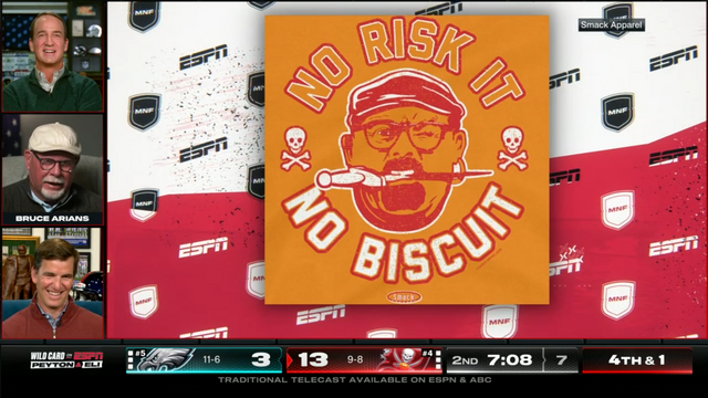 A graphic with Bucs Orange and White creamsicle colours with the text "NO RISK IT NO BISCUIT"