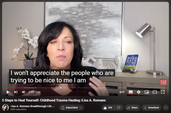 https://www.youtube.com/watch?v=PCJUK0XeHck
5 Steps to Heal Yourself: Childhood Trauma Healing /Lisa A. Romano


4,704 views  10 Jan 2024  Codependency Recovery Podcast: Breaking Free of Codependency For Good
#childhoodtraumahealing  #childhoodtrauma #healingjourney In this video, learn how to heal the effects of childhood trauma using the KISS strategy created by Lisa A. Romano. Learn 5 Key Mental Wellness tips you can ask yourself to raise your level of consciousness around childhood trauma. 

Childhood trauma arrests you at the level of consciousness that is equal to the trauma; therefore, elevating awareness helps to break free of the chains of the past by allowing you to become more consciously aware of where your mind is at any given time. 

The mind is primarily a subconscious vault of past memories, traumas, habitual thoughts, thinking, and feeling. Codependency is a byproduct of being brainwashed to stuff your emotions for the sake of keeping other people happy. To reverse the effects of childhood trauma and to learn how you can heal yourself from childhood trauma, understanding the power of elevating your consciousness is an extremely powerful way to overcome the effects of trauma. 

KISS strategy begins at 9:14, but don't miss the wealth of information offered in the intro of this YouTube video on how you can reverse the effects of childhood trauma.