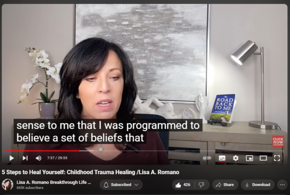 https://www.youtube.com/watch?v=PCJUK0XeHck
5 Steps to Heal Yourself: Childhood Trauma Healing /Lisa A. Romano

4,704 views  10 Jan 2024  Codependency Recovery Podcast: Breaking Free of Codependency For Good
#childhoodtraumahealing  #childhoodtrauma #healingjourney In this video, learn how to heal the effects of childhood trauma using the KISS strategy created by Lisa A. Romano. Learn 5 Key Mental Wellness tips you can ask yourself to raise your level of consciousness around childhood trauma. 

Childhood trauma arrests you at the level of consciousness that is equal to the trauma; therefore, elevating awareness helps to break free of the chains of the past by allowing you to become more consciously aware of where your mind is at any given time. 

The mind is primarily a subconscious vault of past memories, traumas, habitual thoughts, thinking, and feeling. Codependency is a byproduct of being brainwashed to stuff your emotions for the sake of keeping other people happy. To reverse the effects of childhood trauma and to learn how you can heal yourself from childhood trauma, understanding the power of elevating your consciousness is an extremely powerful way to overcome the effects of trauma. 

KISS strategy begins at 9:14, but don't miss the wealth of information offered in the intro of this YouTube video on how you can reverse the effects of childhood trauma.