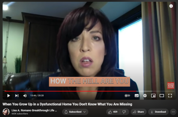 https://www.youtube.com/watch?v=mxJTBVfbSGc
When You Grow Up in a Dysfunctional Home You Don't Know What You Are Missing


4,365 views  11 Jan 2024  SIGNS OF TOXIC RELATIONSHIPS
#codependency #abusebyomission #emotionalhealing #narcissism #emotionalabuse 

In a world where discussions about abuse primarily focus on actions, Lisa sheds light on the subtler, yet equally damaging form of abuse – the power of omission. In this thought-provoking video, Lisa, a trusted life coach, unfolds the layers of this silent but profound aspect of abuse, providing insights that have the potential to transform lives.

Explore the shadows of abuse that often go unnoticed. Lisa brings her compassionate expertise to reveal how abuse by omission can manifest and impact individuals on a deep emotional level.

 Knowledge is power. By understanding the dynamics of abuse by omission, you empower yourself with the awareness needed to break free from toxic cycles and cultivate healthier relationships.

 Subscribe, like, and share this video with those who might benefit from this crucial conversation. Together, let's raise awareness, break the silence, and foster a community of resilience and empowerment.