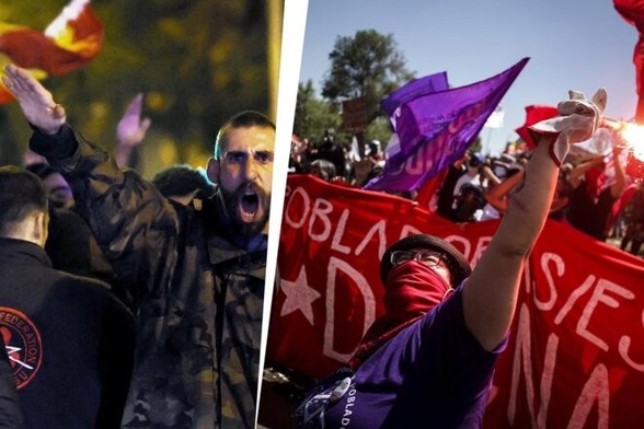 Manifestation d’extrême droite contre l’amnistie des indépendantistes catalans en Espagne en 2023 (à gauche) et une manifestation au Chili pour la lutte des droits sociaux en 2020 (à droite). © Photomontage Mediapart avec AFP