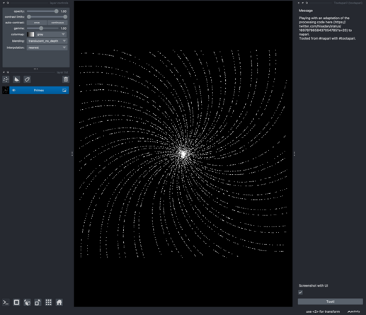 A screenshot automatically generated with tootapari. The corresponding toot is: Playing with an adaptation of the processing code here (https://twitter.com/hisadan/status/1697878658437054785?s=20) to napari.
Tooted from #napari with #tootapari..