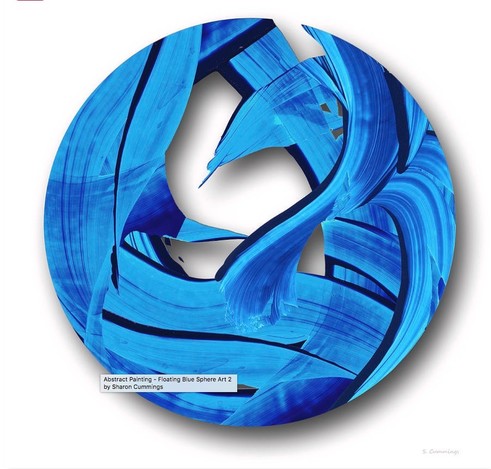 a blue sphere painted like waves that appears to be floating on a white background by artist and poet Sharon Cummings.
