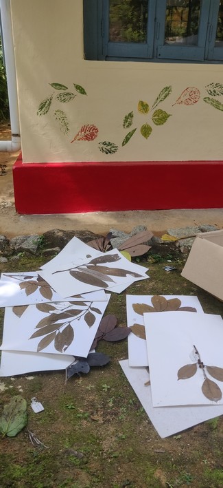 Herbarium sheets on the ground before the outside wall with leaf prints in different colours