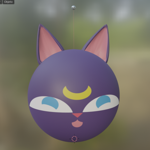 Modelado 3D en Blender de Luna P, el robot-pelota-gato de Chibiusa en Sailor Moon. Consiste en una esfera morada con cara de gato y una media luna amarilla encima de los ojos, unas orejas de gato moradas y rosadas en el interior, y una antena metálica que termina en una esfera metálica.