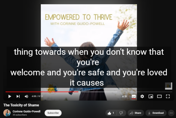 https://www.youtube.com/watch?v=nQgfNK7_z1E
The Toxicity of Shame

1 view  10 Jan 2024  Empowered to Thrive
As I share about what toxic shame feels like I also remind you that there's another way to live! SO MUCH HOPE! Take a listen :)

Want to know about how to radically change your life? 
Check my resources at: https://www.changeradically.com/shop⁠
Instagram: ⁠ 

 / corinne_changeradically  
Website: ⁠https://www.changeradically.com/⁠
Facebook: ⁠ 

 / ⁠  
Tik Tok: ⁠https://www.tiktok.com/@corinneguidop...
Email me at corinne@changeradically.com