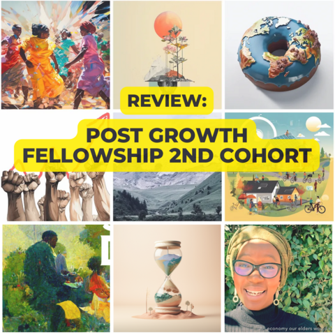 A grid collage of 9 article images with black, bold text highlighted in yellow reading, "Review: Post Growth Fellowship 2nd Cohort"