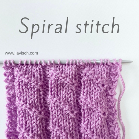 A swatch in lilac yarn on a knitting needle, showing the spiral stitch.
