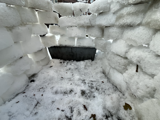 A photo of the inside of a roofless snow igloo