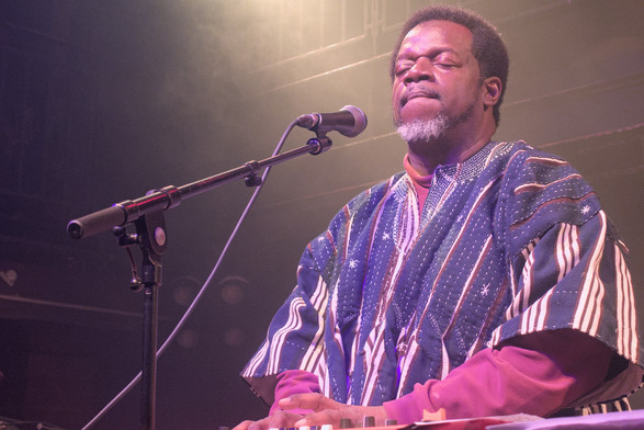Dele Sosimi standing on stage playing an electronic keyboard. His eyes are closed.