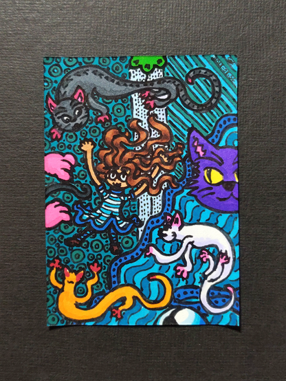 Un dessin représentant Catherine dans un délire avec des chats déformés de toutes les tailles et couleurs, sous des fonds abstraits colorés.